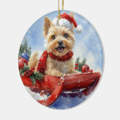 ケアン・テリア犬のソリでそれを雪のクリスマスに許可 セラミックオーナメント (左)