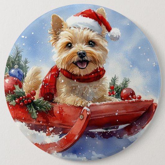 ケアン・テリア犬のソリでそれを雪のクリスマスに許可 缶バッジ (正面)