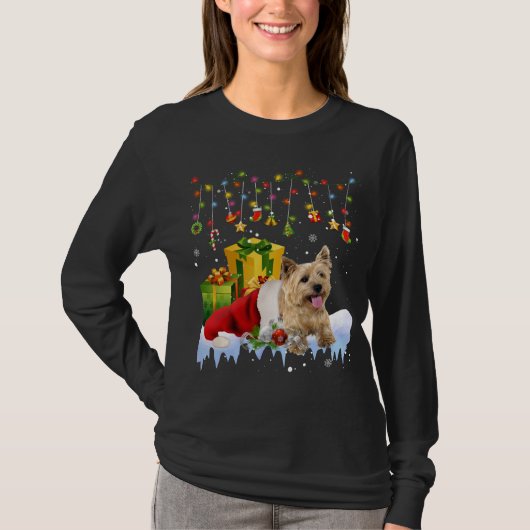 ケアン・テリア サンタ帽子 クリスマス ライト クリスマス Tシャツ (正面)