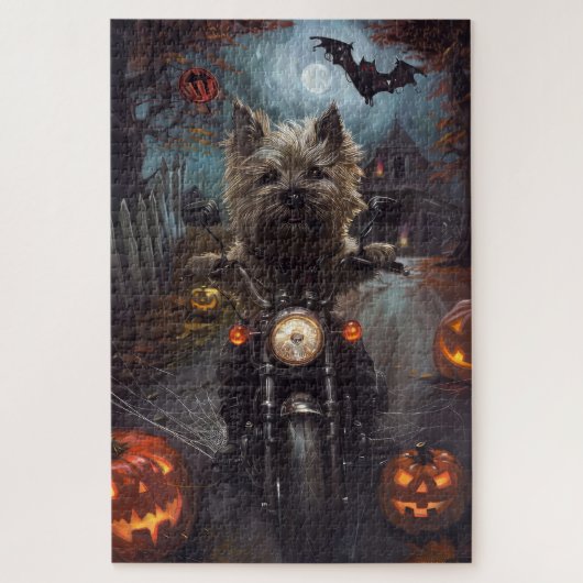 ケアン・テリア バイクに乗る ハロウィン 怖い ジグソーパズル (縦)