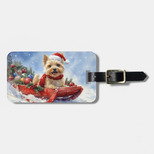 ケアン・テリア+犬+そり+雪だるま+クリスマス ラゲッジタグ (正面横)
