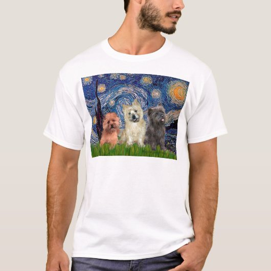 ケアン・テリア 3匹 - 星月夜 Tシャツ (正面)