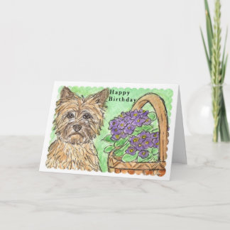 ケアーン・テリアのハッピーバースデーカードパンジーのバスケット カード