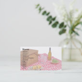 ケイタリングビジネスカード、赤いピクニックテーブルクロス 名刺 (スタンド正面)