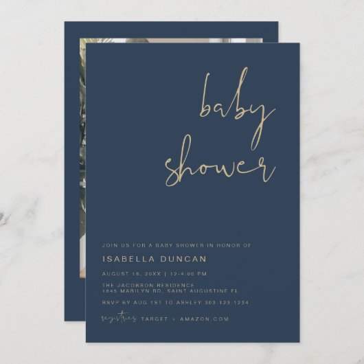 ケイトリンネイビーブルーと金ゴールドベビーシャワー招待状 招待状 (正面/裏面)