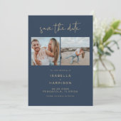 ケイトリン ネイビーとゴールドの写真 セーブ・ザ・デート 招待状 (スタンド正面)