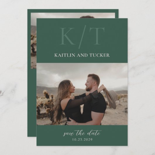 ケイトリン・ハンター グリーン ボールド モノグラム エレガント ウェディング セーブザデート (正面/裏面)