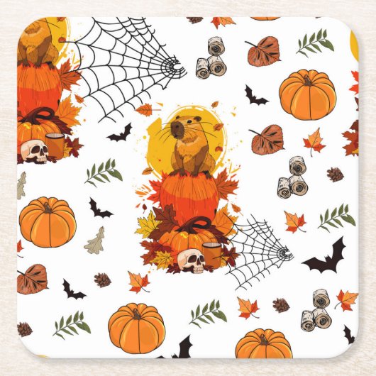 ケイピバラ・ハロウィーン。カボチャ魔女。 スクエアペーパーコースター (正面)
