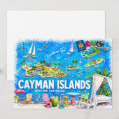 ケイマン諸島のイラスト入り旅行地図ポストカード 招待状 (正面/裏面)