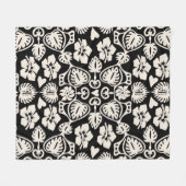 ケオーニハワイアンモンステラリーフダマスクブラック フリースブランケット (正面(横))