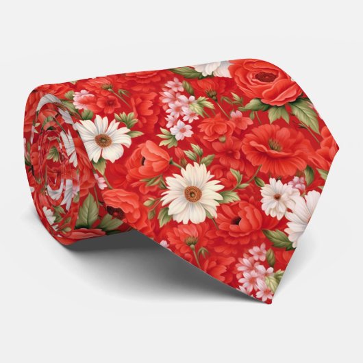 ケシとカモミール赤と白の花 ネクタイ (ロール)