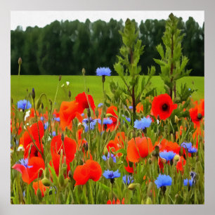 ケシとトウモロコシの花のリアルな風景アート ポスター