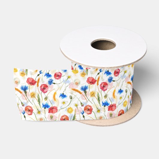 ケシとトウモロコシの花を持つWiLdflower草原 サテンリボン (リール)