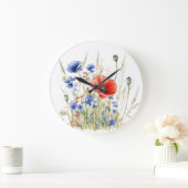 ケシとトウモロコシの花素朴：牧草地の水色 ラージ壁時計 (ホーム)