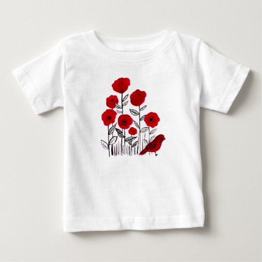 ケシと小さな赤い鳥の絵画水色 ベビーTシャツ (正面)