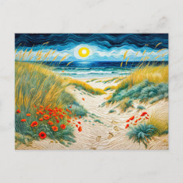 ケシと足跡のある沿岸の砂丘 シーズンポストカード