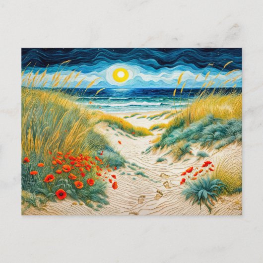 ケシと足跡のある沿岸の砂丘 シーズンポストカード (正面)