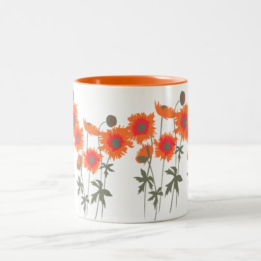 ケシのオレンジと緑のグラフィックアートフローラマグ ツートーンマグカップ (中央)