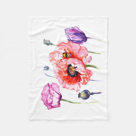 ケシのケシ分野の花、花の水彩画の芸術 フリースブランケット (正面)