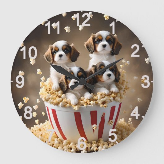 ケシのスパニエル犬の子犬たち ラージ壁時計 (正面)