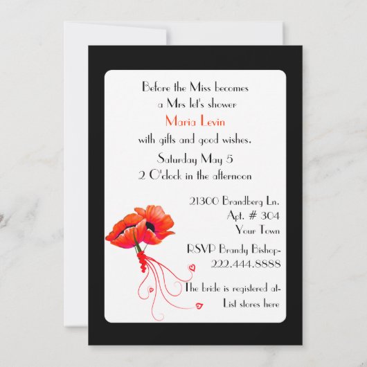 ケシのブライダルシャワーの招待状を持つシックな花嫁 招待状 (裏面)