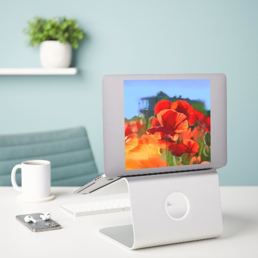 ケシの家 – 油絵 シール (デスク上のノートパソコン)