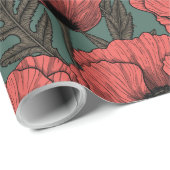ケシの庭で珊瑚色、茶色、松の緑 ラッピングペーパー (ロールコーナー)
