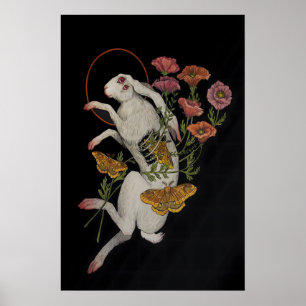 ケシの花と白いうさぎ - アルビノ・ジャックラビットによるオリジナル手描き画からのギクレー版画 ポスター
