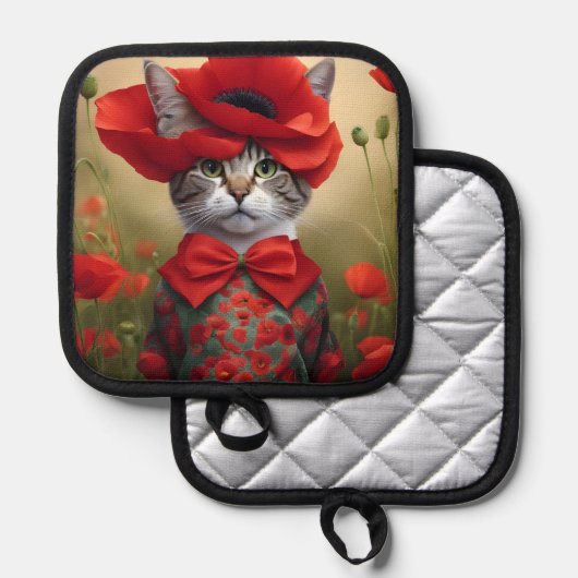 ケシの花のドレスを着た猫 鍋敷き (正面/裏面)