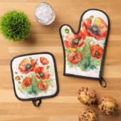 ケシの花の植物ワイルドフラワーレッドケピー 鍋つかみ&鍋敷きセット (トップダウン)