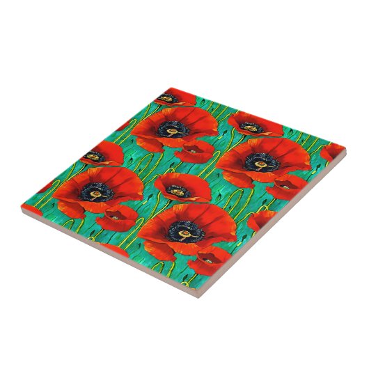 ケシの花の継ぎ目のないパターン赤い緑のフローラ タイル (側面)