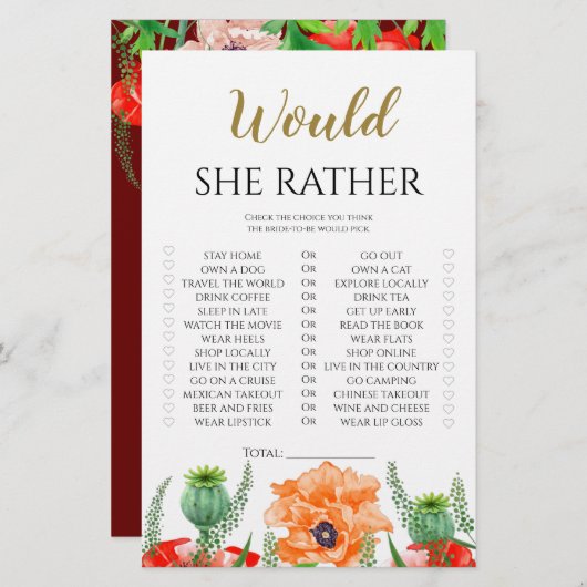 ケシの花は彼女はむしろブライダルシャワーゲーム (正面/裏面)