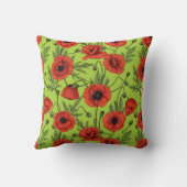 ケシの花、ライムグリーンに赤と緑 クッション (裏面)
