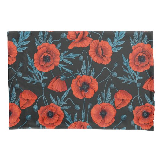 ケシの黒は赤と青 枕カバー (正面左)