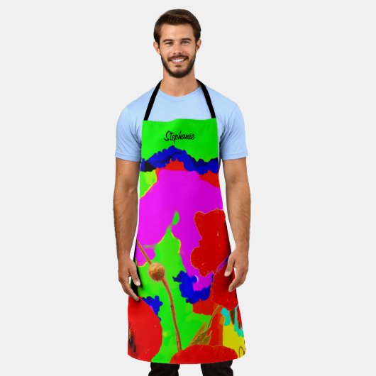 ケシカラフルフローラアート名前をカスタムする エプロン (着用した状態)