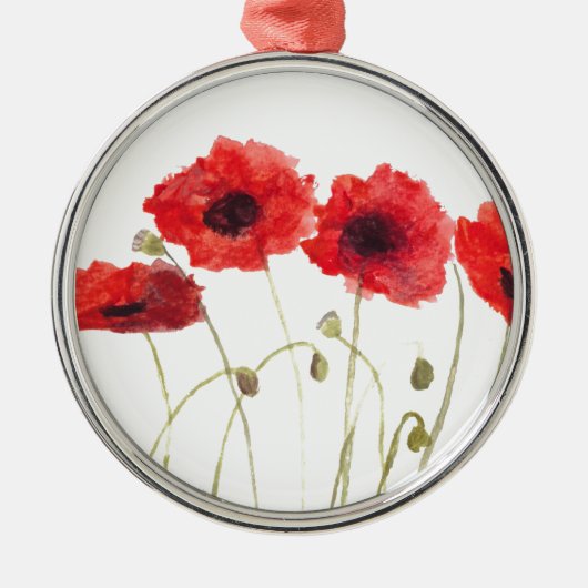 ケシフローラ赤い花ケシ自然水色 メタルオーナメント (正面)