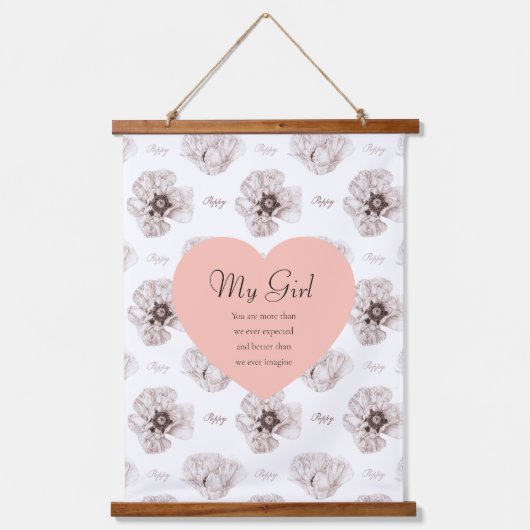 ケシ図解入りの、写真付きのの花 吊り下げ型タペストリー (正面)