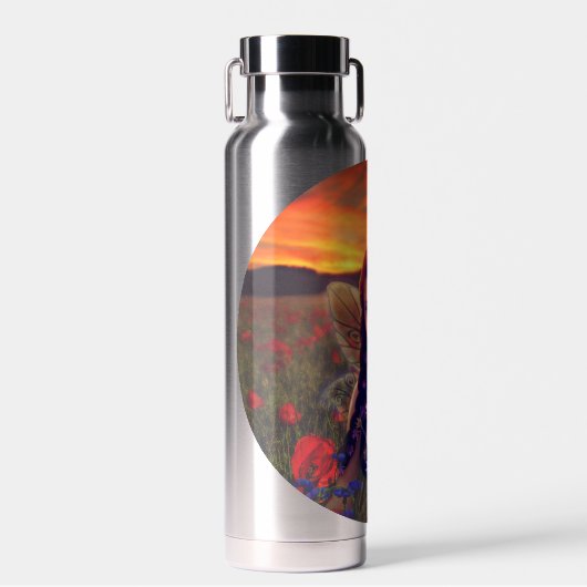 ケシ畑の妖精の日没ファンタジーアート ウォーターボトル (正面)