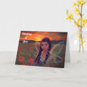 ケシ畑の妖精の日没ファンタジーアート カード (黄色い花)