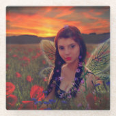 ケシ畑の妖精の日没ファンタジーアート ガラスコースター (正面)