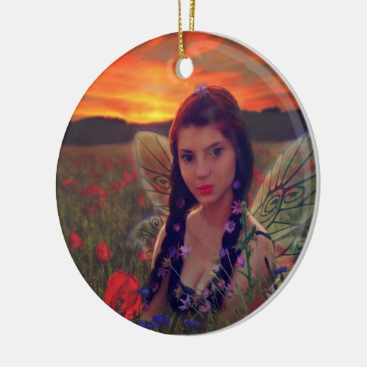 ケシ畑の妖精の日没ファンタジーアート セラミックオーナメント (左)