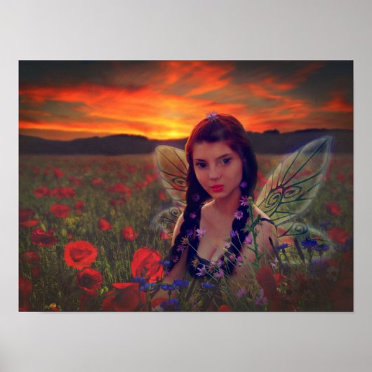 ケシ畑の妖精の日没ファンタジーアート ポスター (正面)