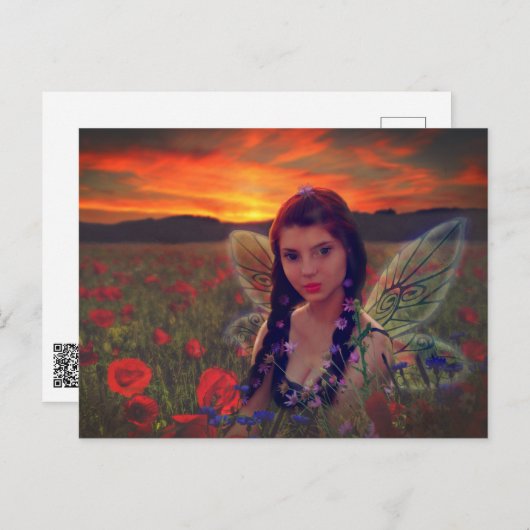 ケシ畑の妖精の日没ファンタジーアート ポストカード (正面/裏面)