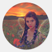 ケシ畑の妖精の日没ファンタジーアート ラウンドシール (正面)