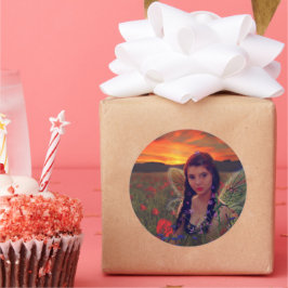 ケシ畑の妖精の日没ファンタジーアート ラウンドシール