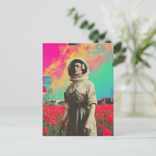 ケシ畑の宇宙飛行士がキラキラと光る ポストカード (スタンド正面)
