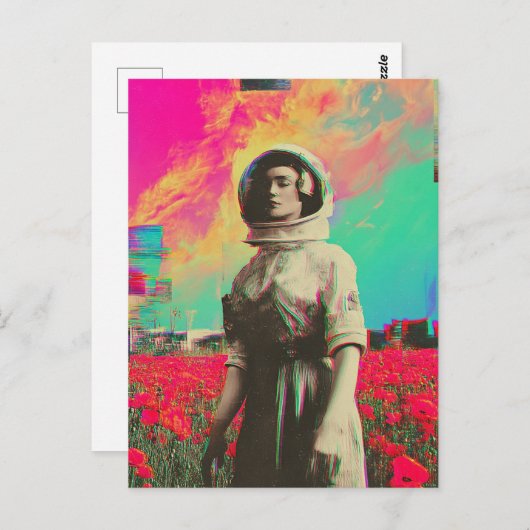 ケシ畑の宇宙飛行士がキラキラと光る ポストカード (正面/裏面)
