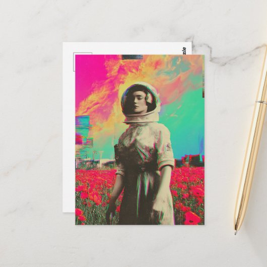 ケシ畑の宇宙飛行士がキラキラと光る ポストカード (正面/裏面インサイチュ)