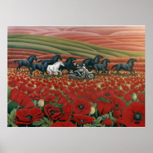 ケシ絵画畑の野生馬w.バイクもしくは自転車に乗る人プリント ポスター