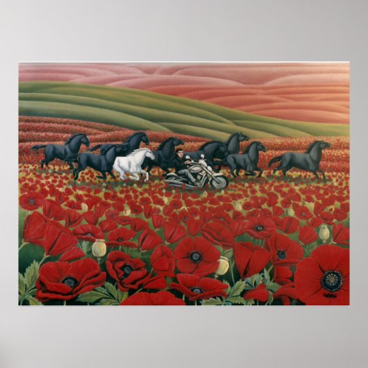 ケシ絵画畑の野生馬w.バイクもしくは自転車に乗る人プリント ポスター (正面)